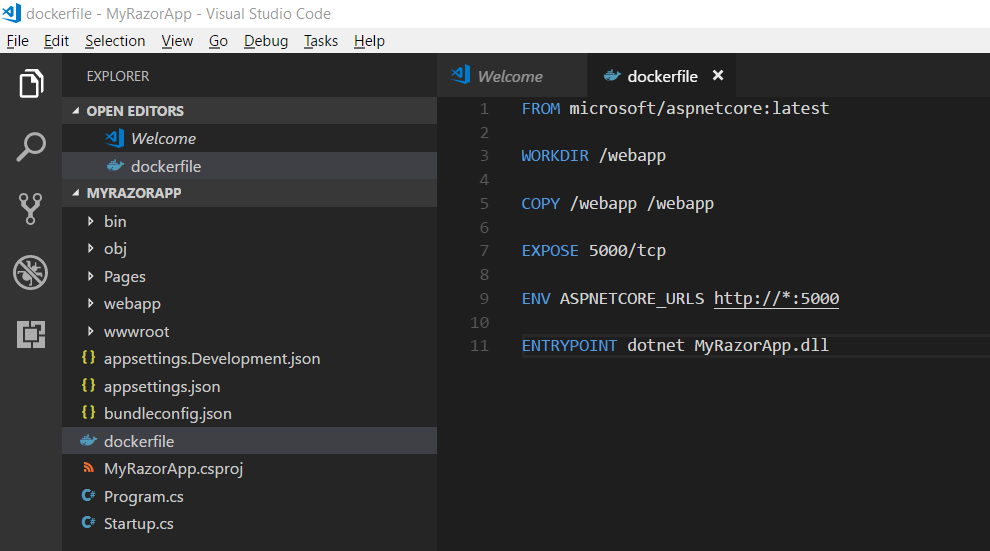 MyRazorApp Dockerfile in VSCode